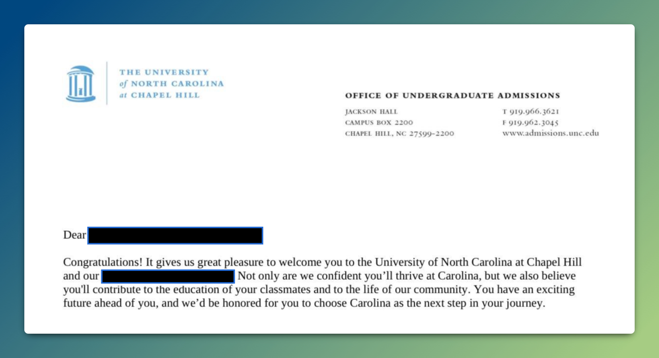 2026 UNC Chapel Hill acceptance
